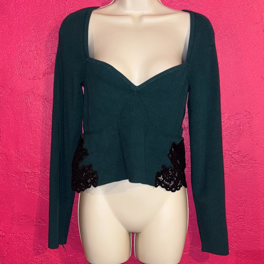 Express green ribbed knit top with lace sides. Faux corset details Sz Large.